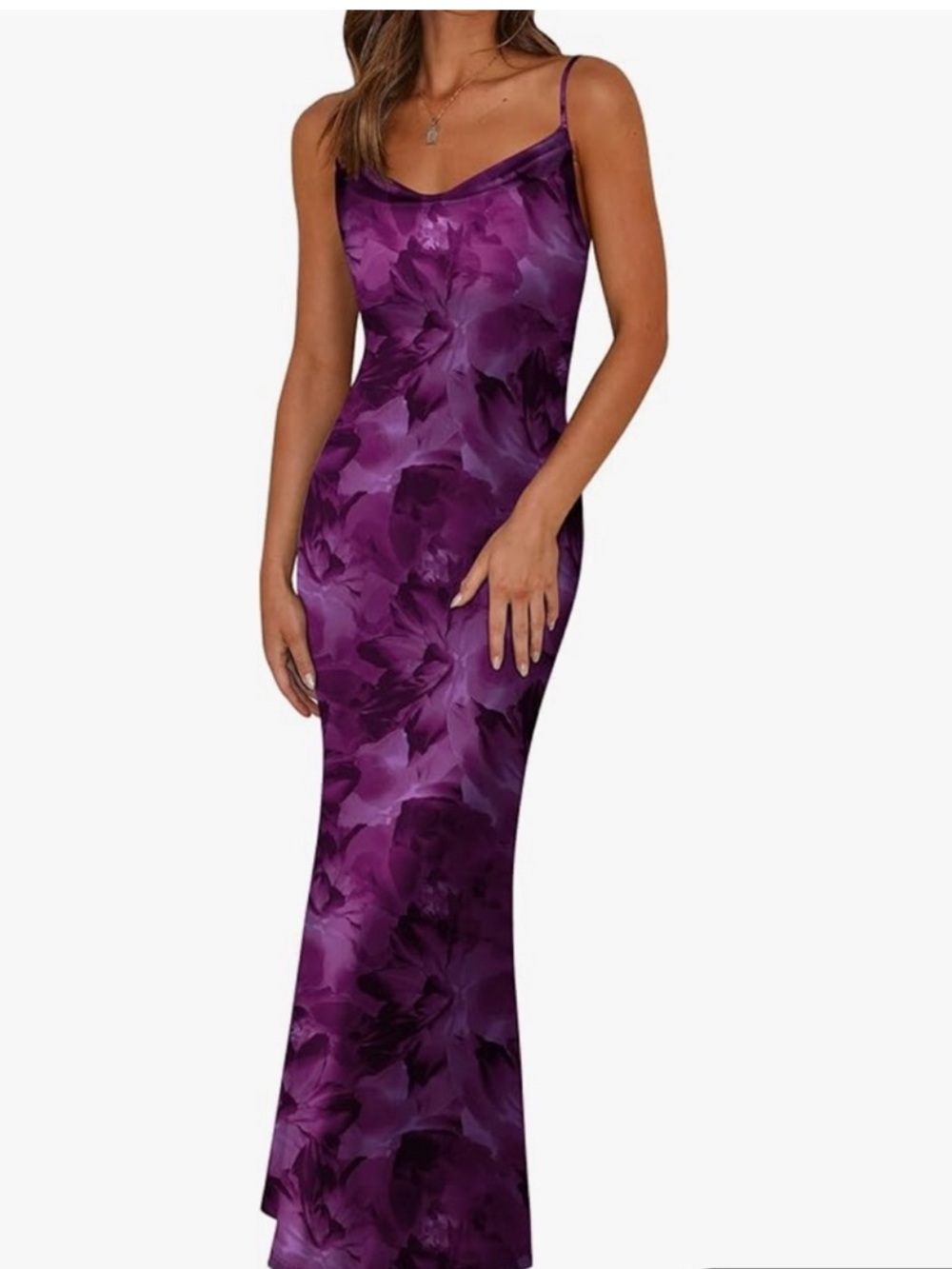 Pretty Garden Purple Floral Midi Mesh Dress Cowl Neck Size Small